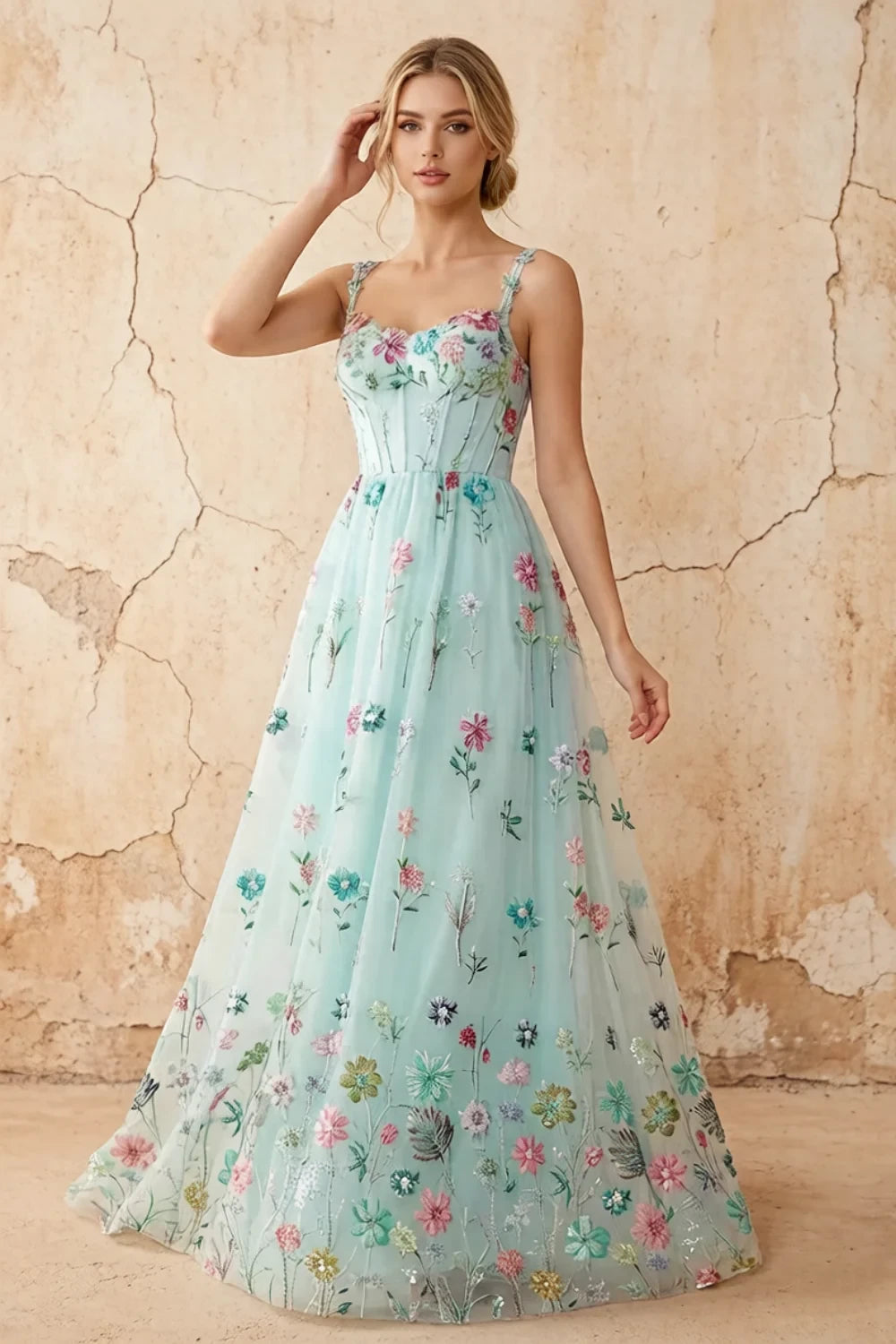 Judy Mint Green Sequin Embroidery Beading 3D Flowers Maxi Dress