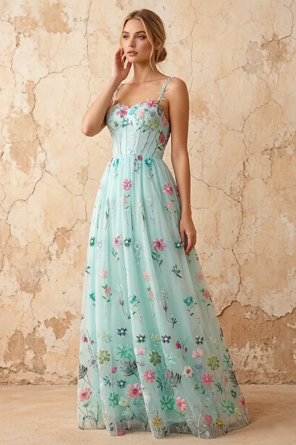 Judy Mint Green Sequin Embroidery Beading 3D Flowers Maxi Dress