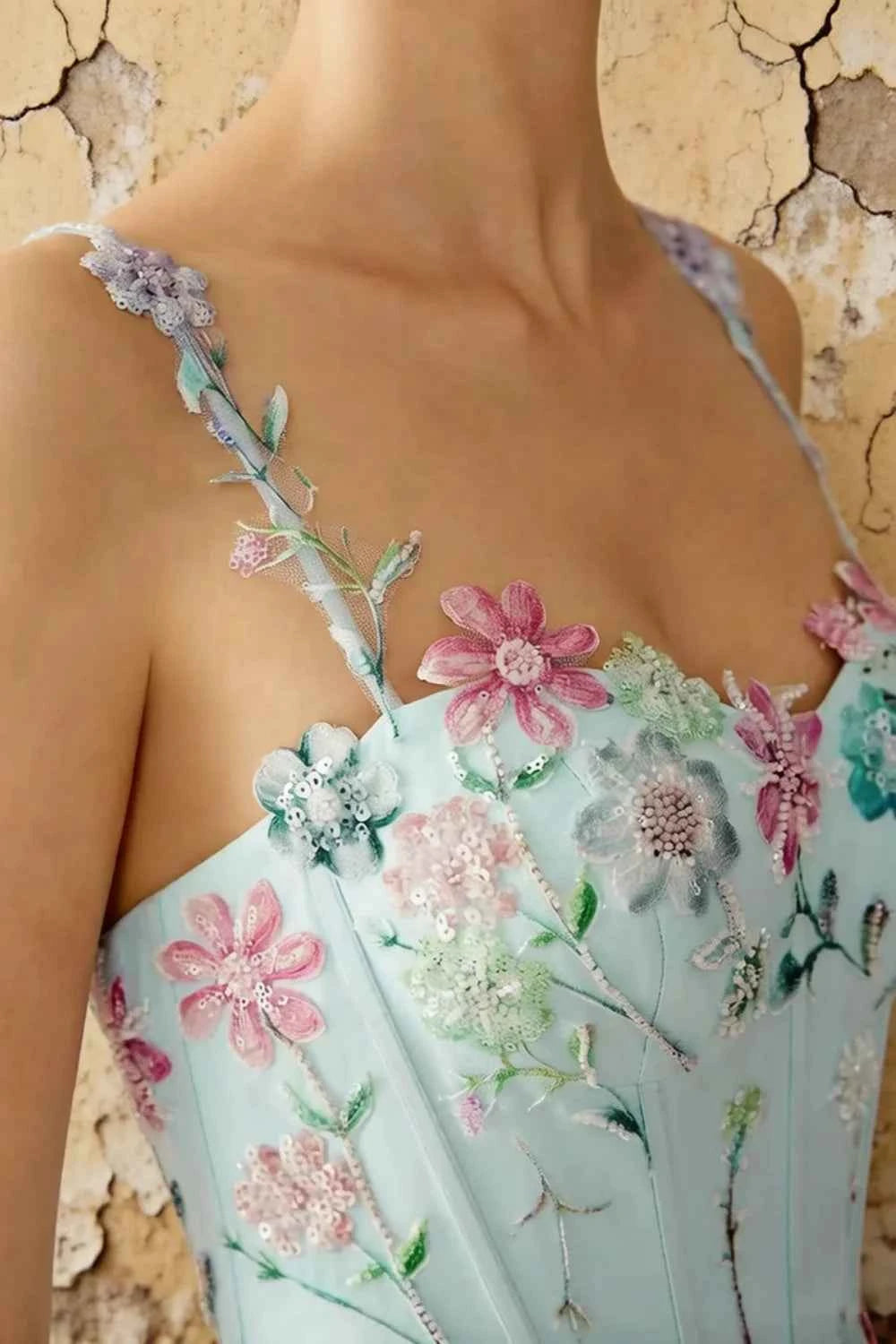 Judy Mint Green Sequin Embroidery Beading 3D Flowers Maxi Dress