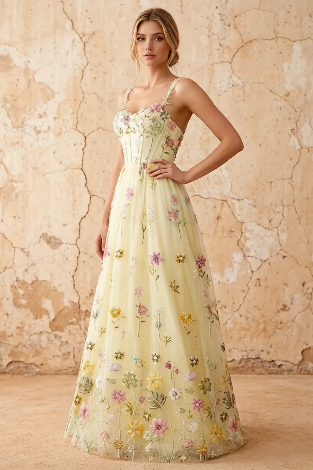 Judy Yellow Sequin Embroidery Beading 3D Flowers Maxi Dress Imagen principal del producto