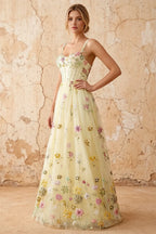 Judy Yellow Sequin Embroidery Beading 3D Flowers Maxi Dress