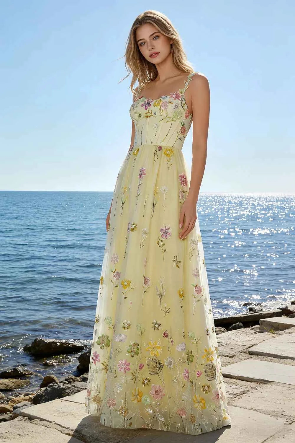 Judy Yellow Sequin Embroidery Beading 3D Flowers Maxi Dress
