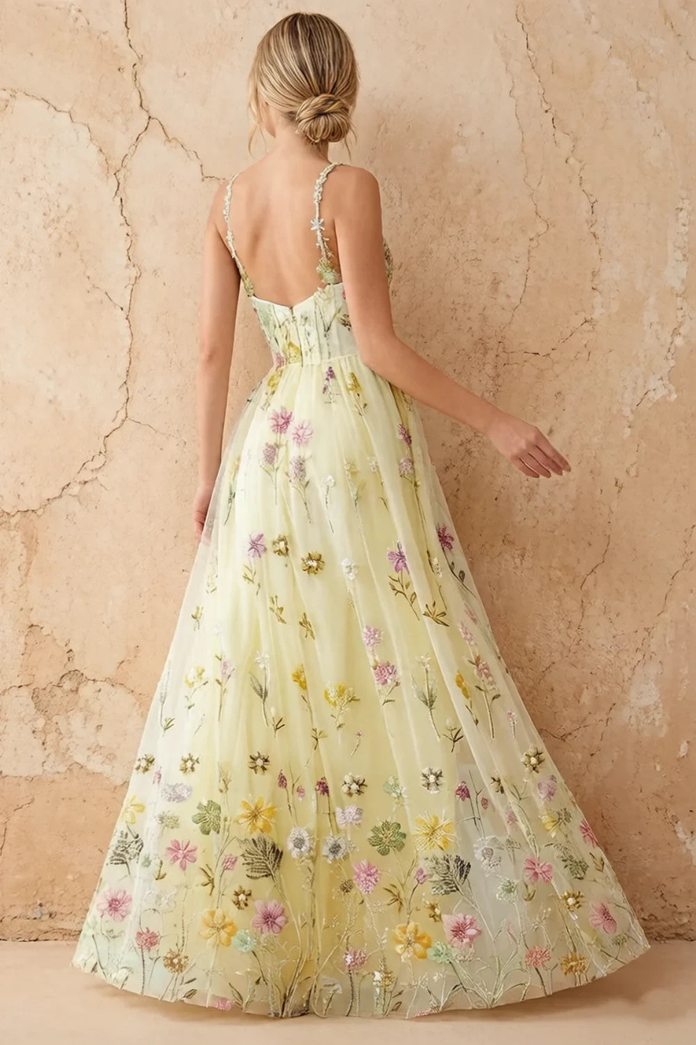 Judy Yellow Sequin Embroidery Beading 3D Flowers Maxi Dress