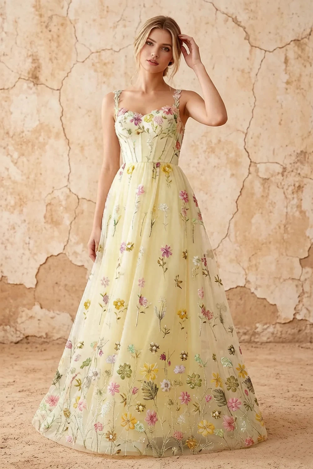 Judy Yellow Sequin Embroidery Beading 3D Flowers Maxi Dress