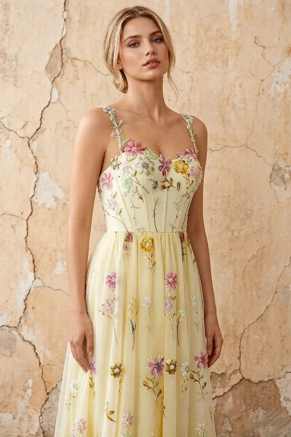 Judy Yellow Sequin Embroidery Beading 3D Flowers Maxi Dress