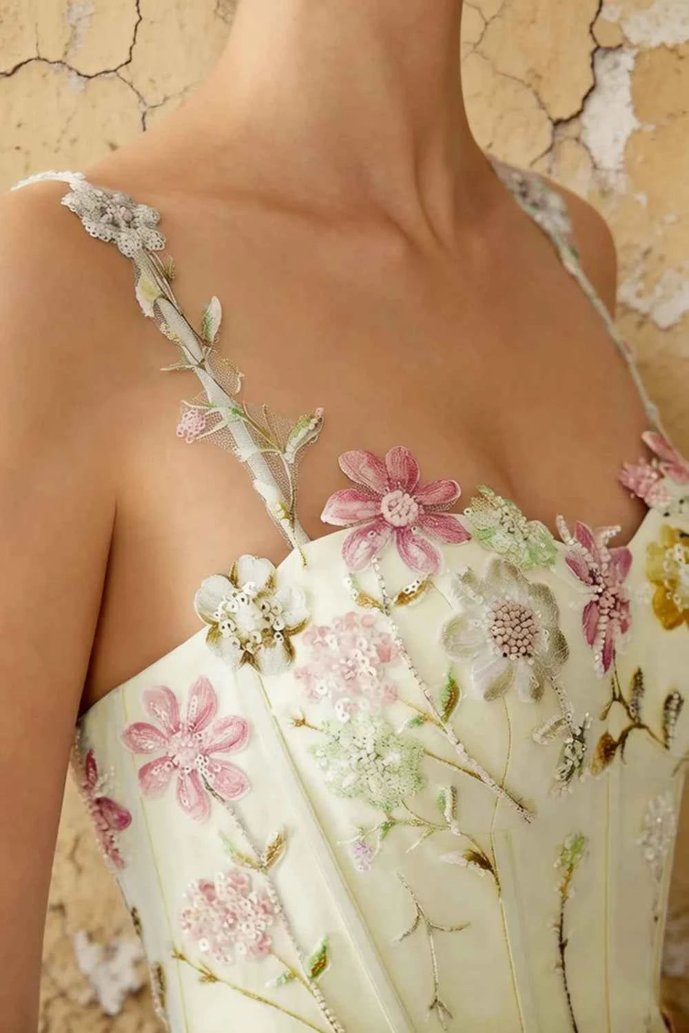 Judy Yellow Sequin Embroidery Beading 3D Flowers Maxi Dress