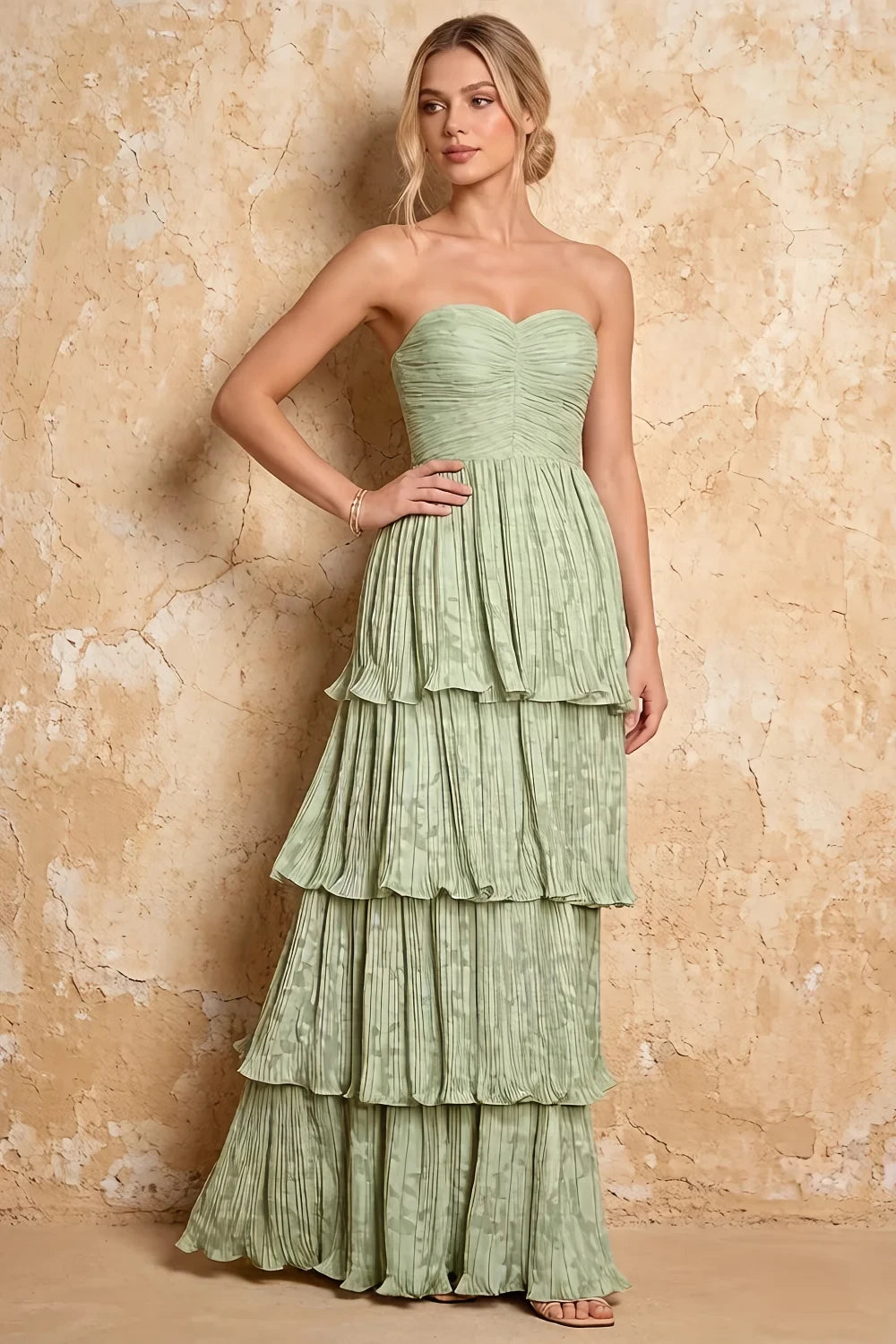 Julia Light Green Floral A-Line Ruffle Maxi Dress