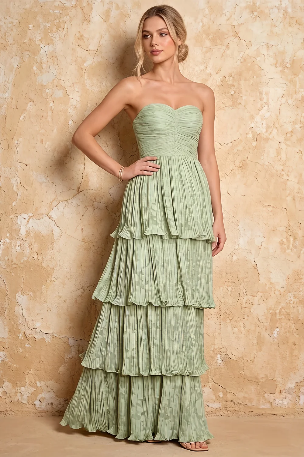 Julia Light Green Floral A-Line Ruffle Maxi Dress
