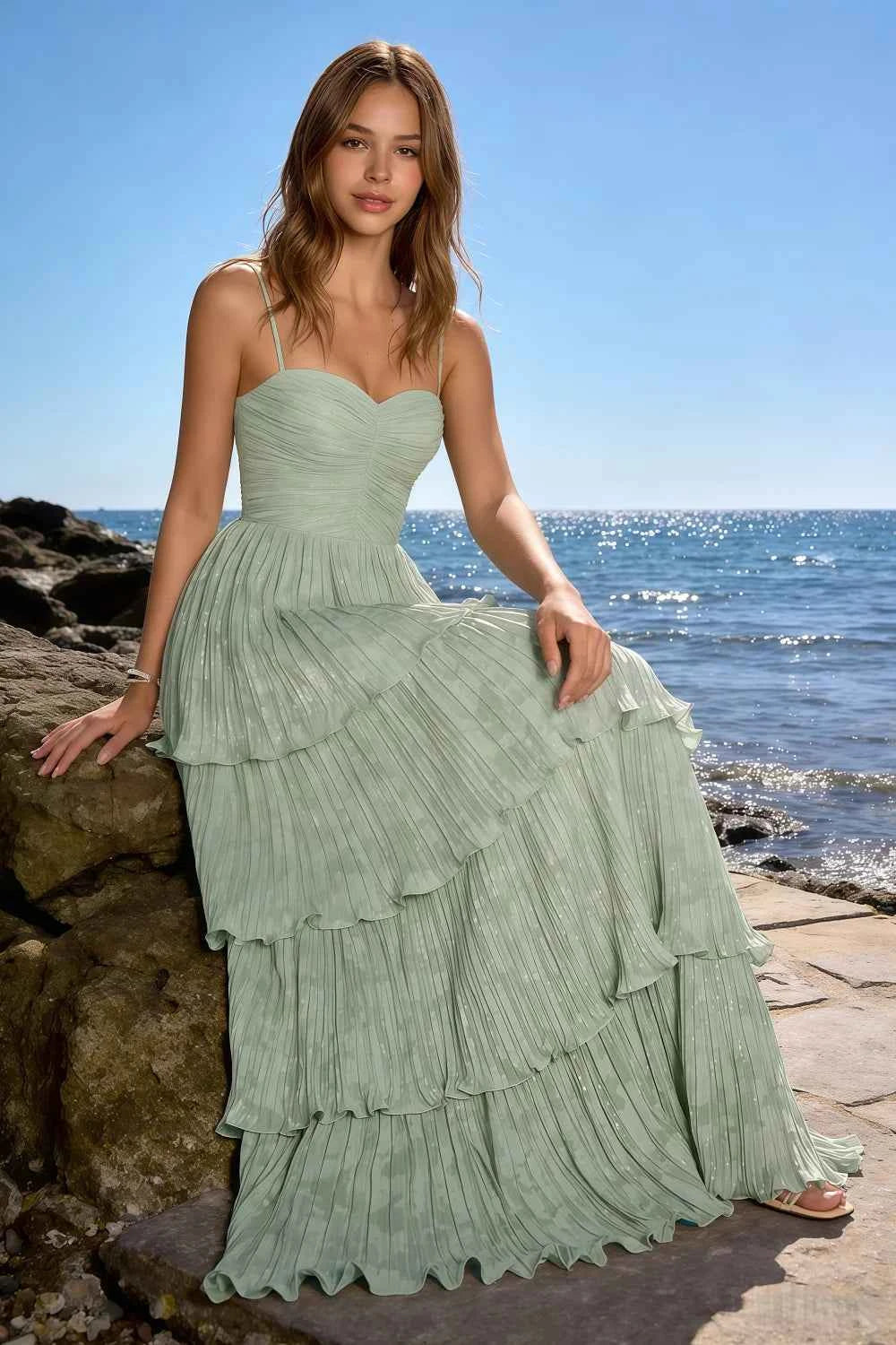 Julia Light Green Floral A-Line Ruffle Maxi Dress