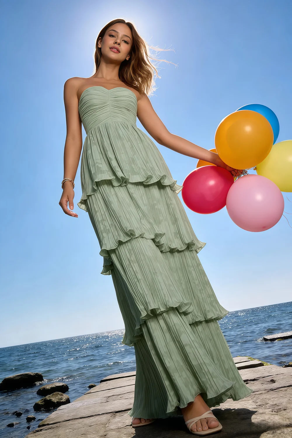 Julia Light Green Floral A-Line Ruffle Maxi Dress