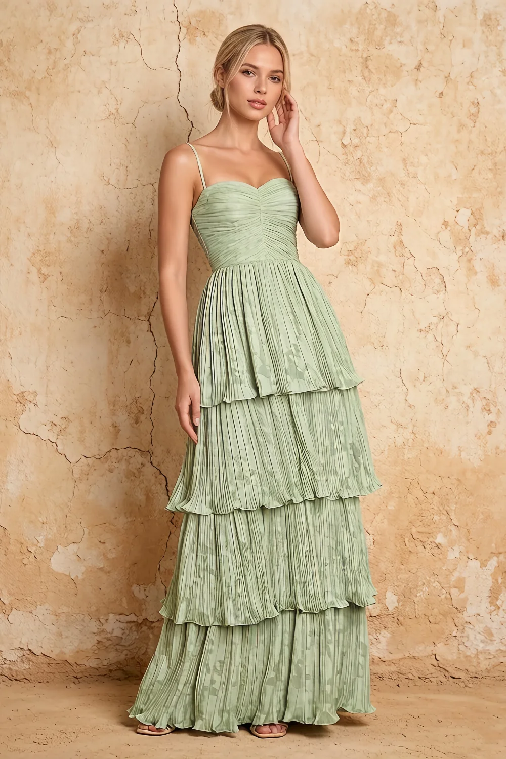 Julia Light Green Floral A-Line Ruffle Maxi Dress