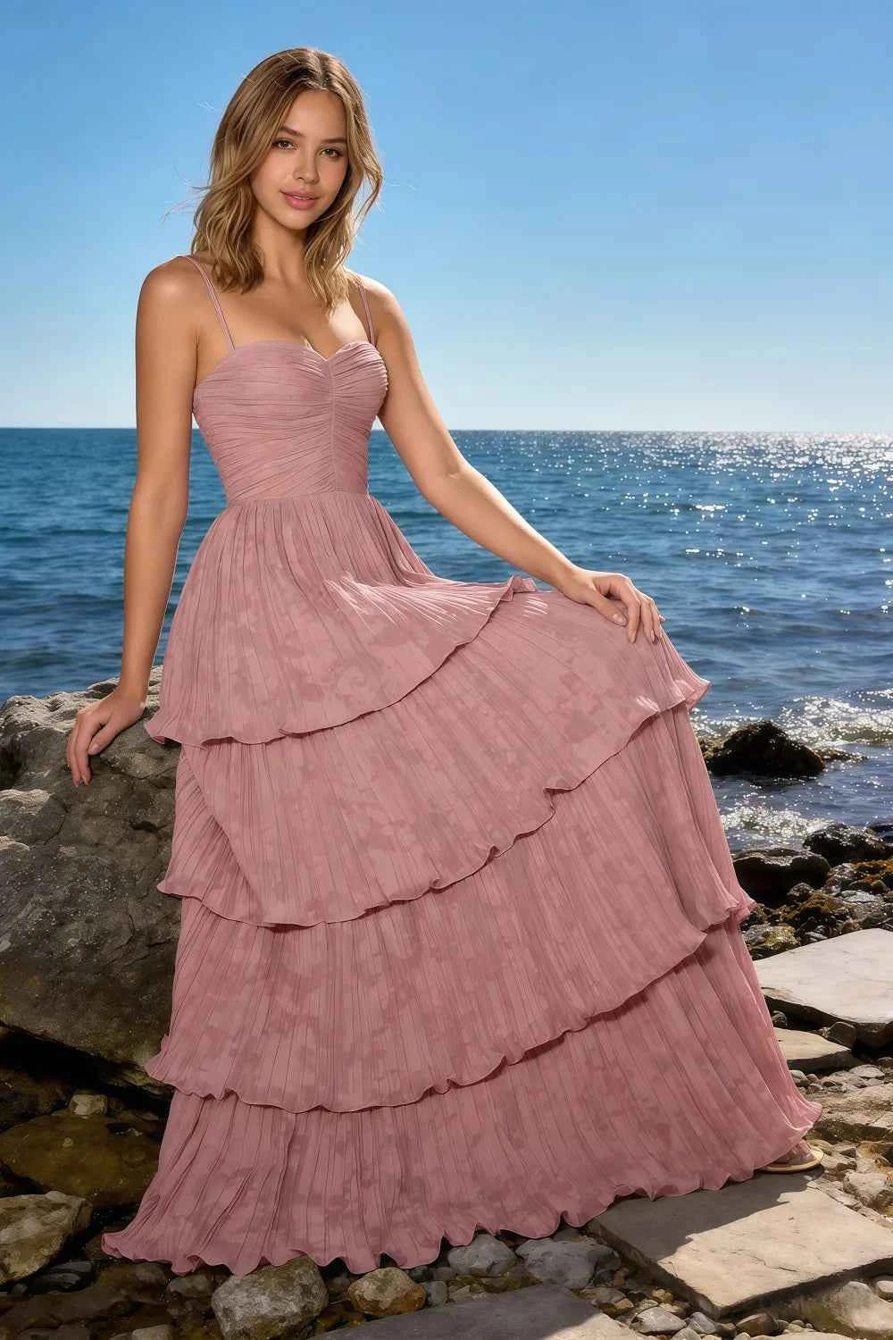Julia Light Pink Floral A-Line Ruffle Maxi Dress