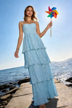 Julia Sky Blue Floral A-Line Ruffle Maxi Dress