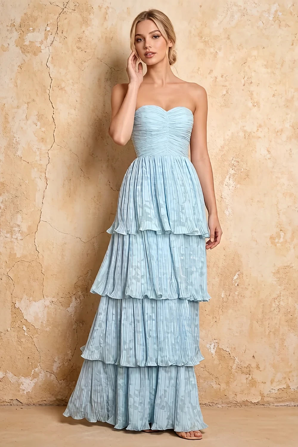 Julia Sky Blue Floral A-Line Ruffle Maxi Dress