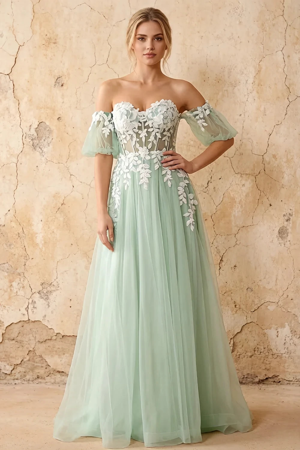 Julie Light Green Tulle 3D Flower Lace Maxi Dress