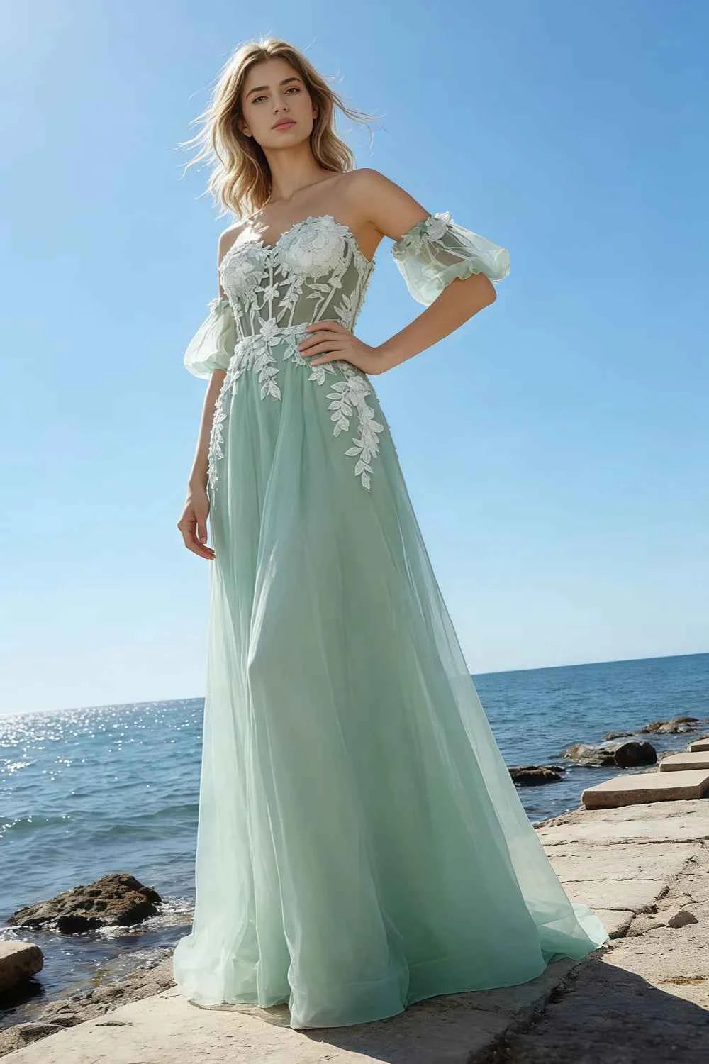 Julie Light Green Tulle 3D Flower Lace Maxi Dress Secondary image