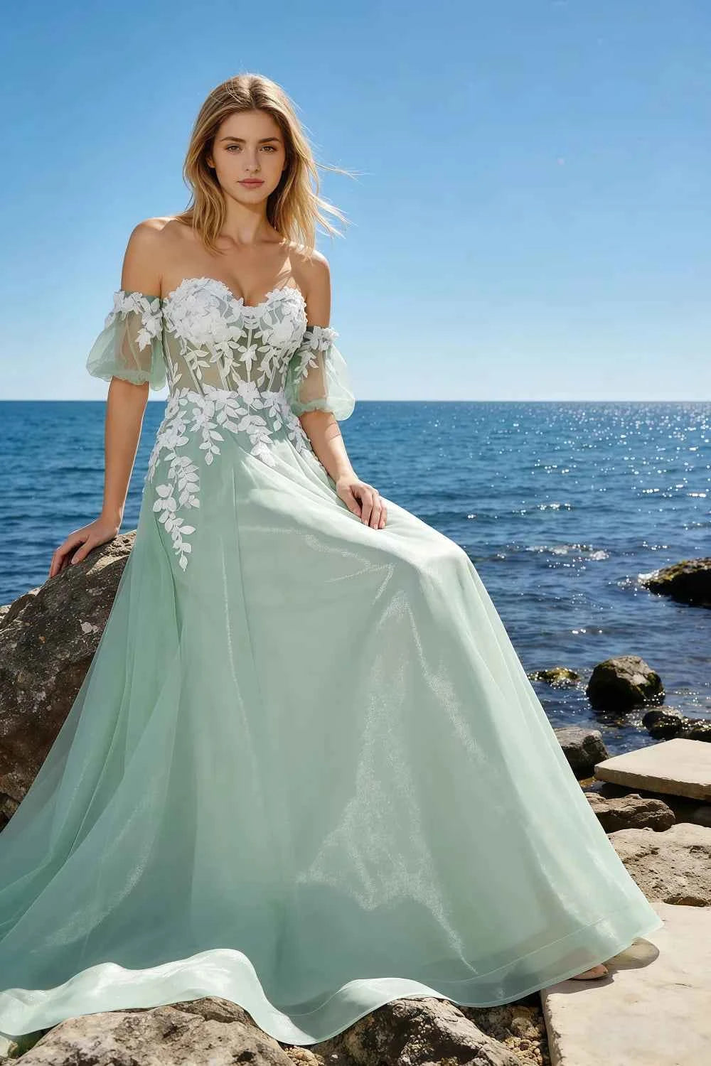 Julie Light Green Tulle 3D Flower Lace Maxi Dress