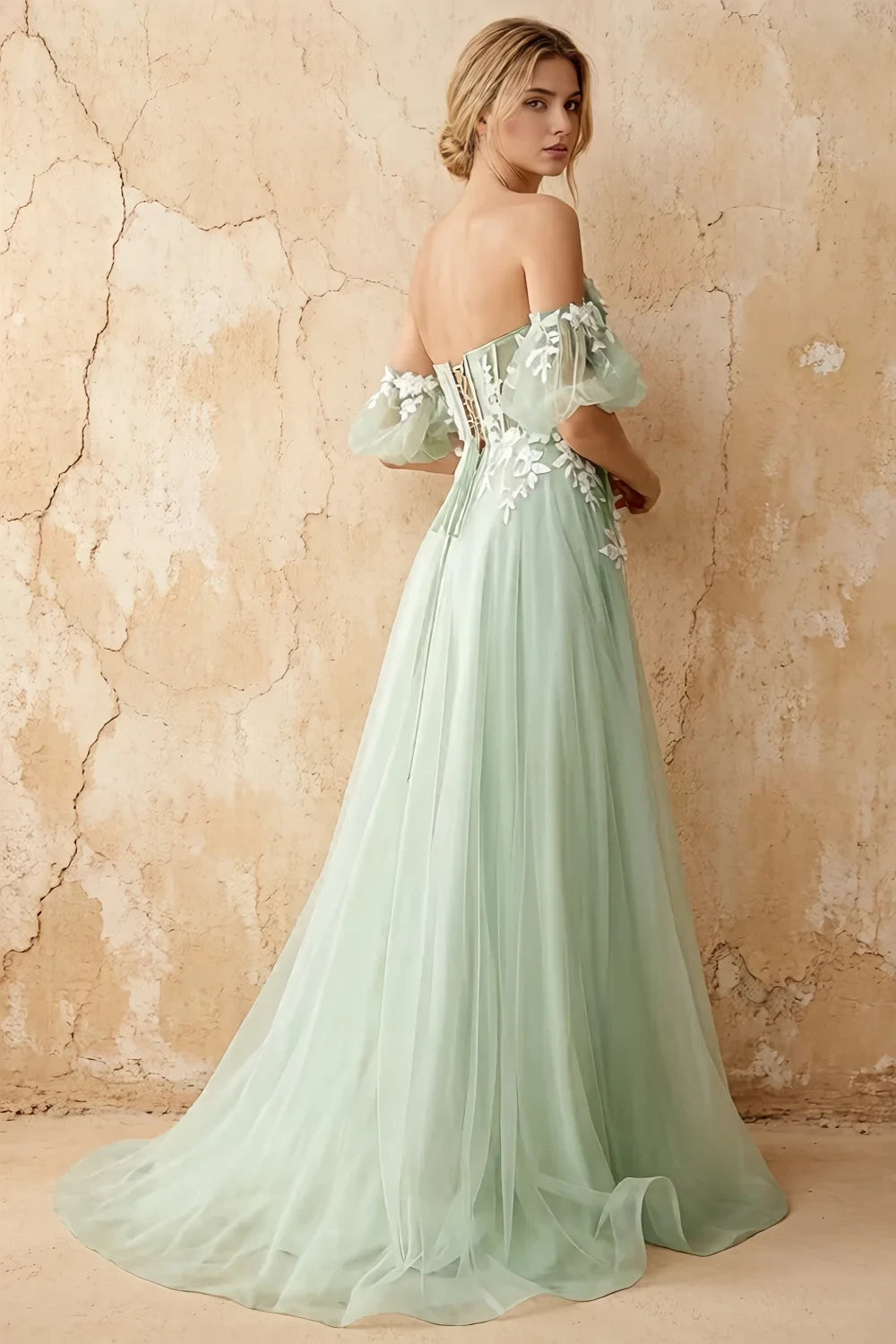 Julie Light Green Tulle 3D Flower Lace Maxi Dress