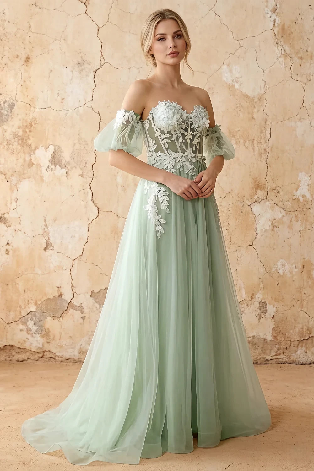 Julie Light Green Tulle 3D Flower Lace Maxi Dress