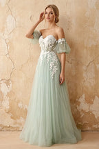 Julie Light Green Tulle 3D Flower Lace Maxi Dress