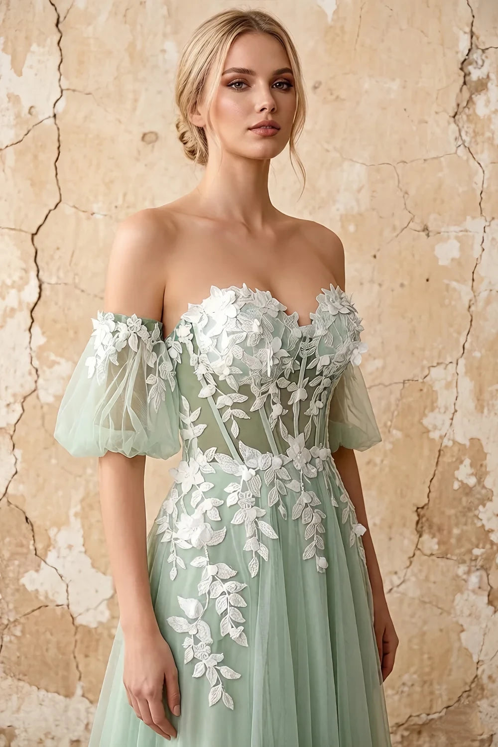 Julie Light Green Tulle 3D Flower Lace Maxi Dress