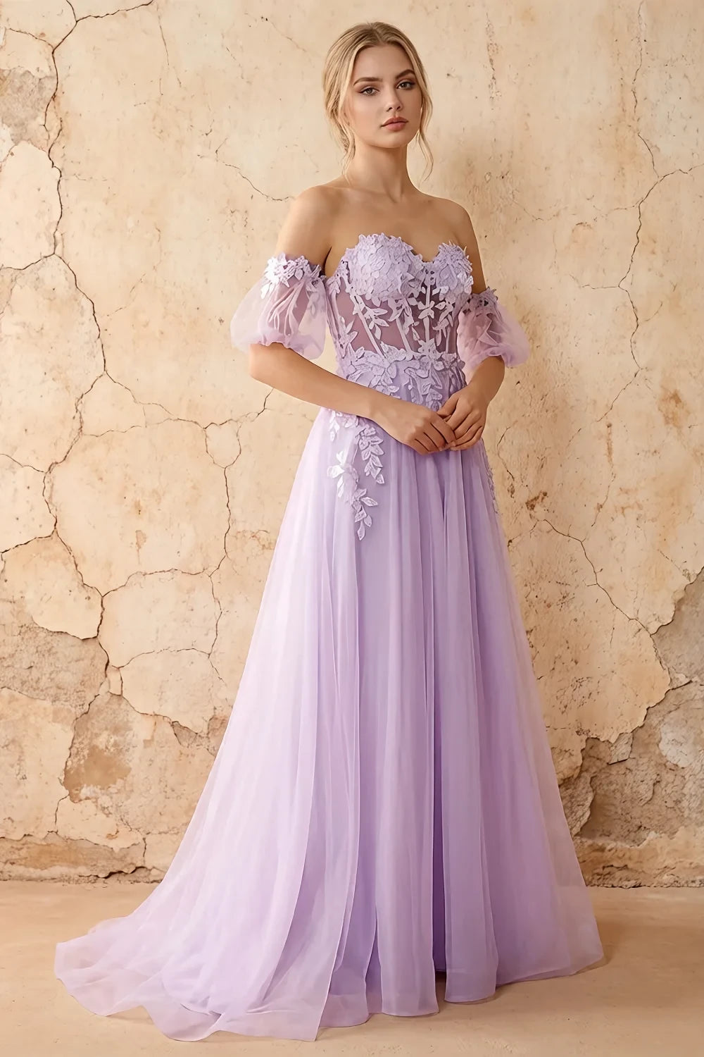 Julie Lilac Tulle 3D Flower Lace Maxi Dress