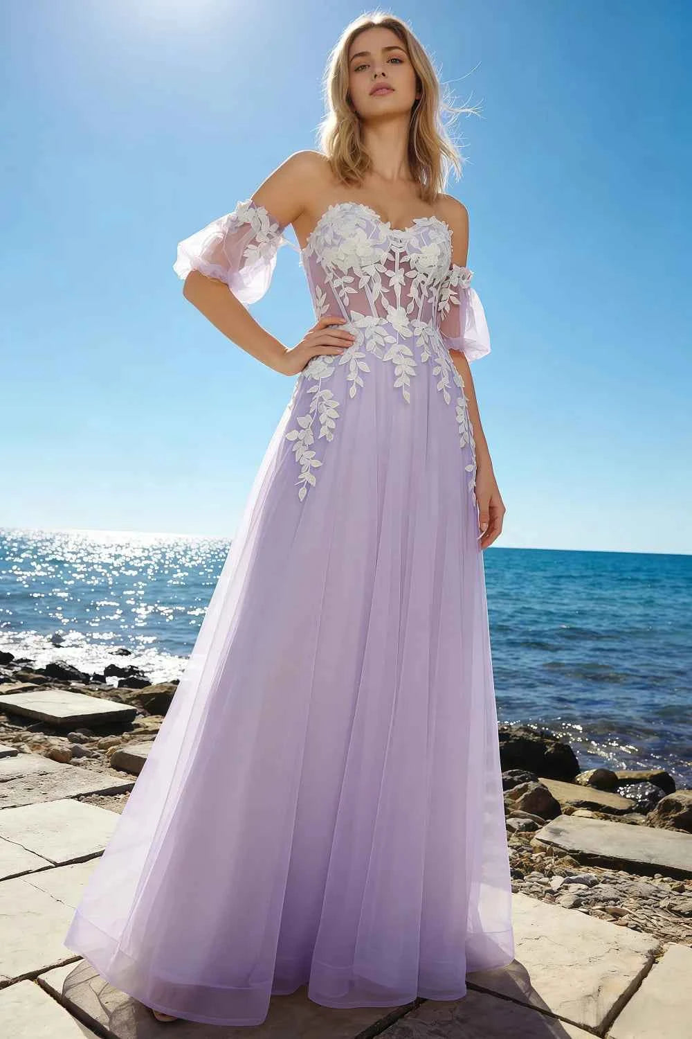 Julie Lilac Tulle 3D Flower Lace Maxi Dress