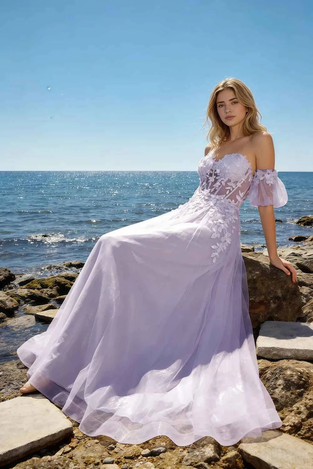 Julie Lilac Tulle 3D Flower Lace Maxi Dress
