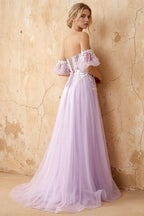 Julie Lilac Tulle 3D Flower Lace Maxi Dress