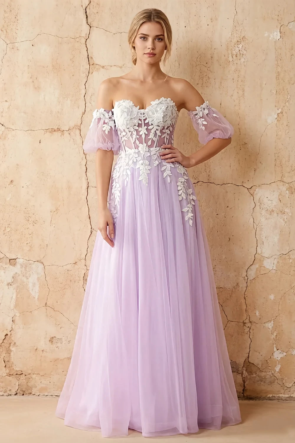 Julie Lilac Tulle 3D Flower Lace Maxi Dress
