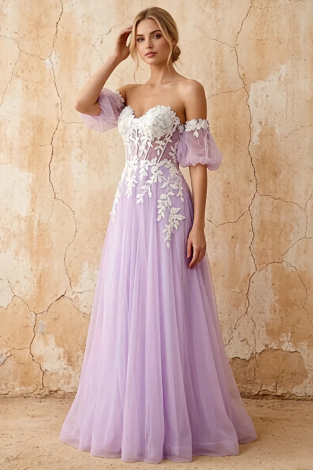 Julie Lilac Tulle 3D Flower Lace Maxi Dress