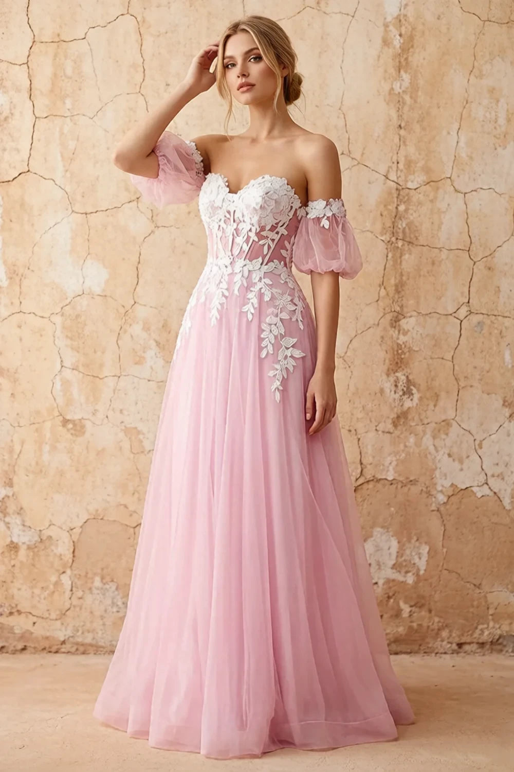 Julie Powder Pink Tulle 3D Flower Lace Maxi Dress Main image