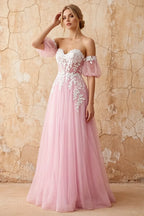 Julie Powder Pink Tulle 3D Flower Lace Maxi Dress