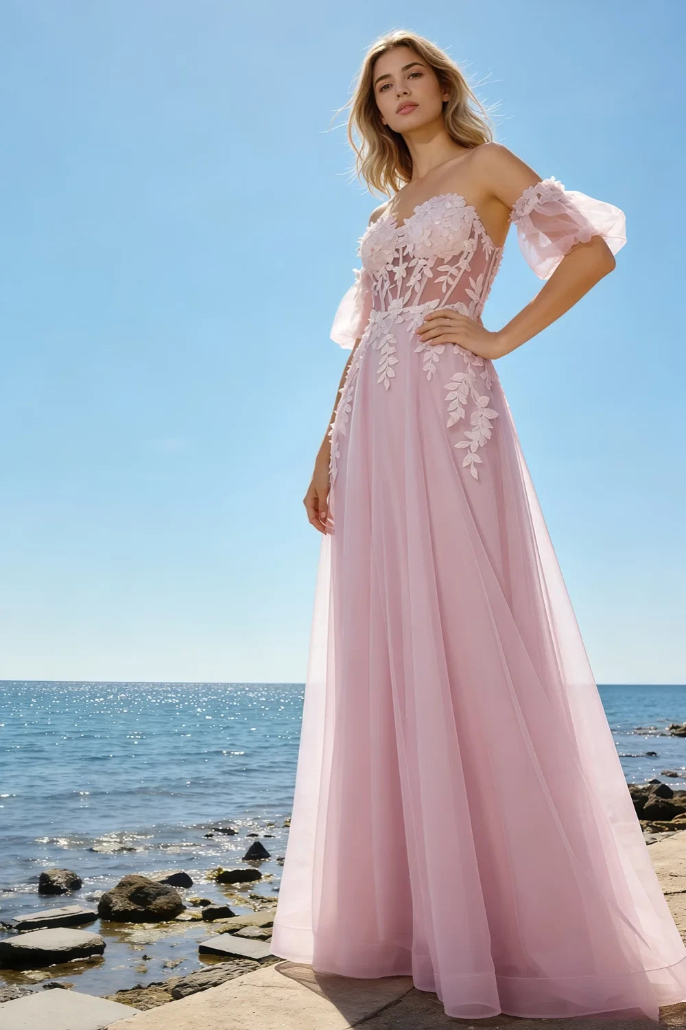Julie Powder Pink Tulle 3D Flower Lace Maxi Dress
