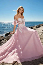 Julie Powder Pink Tulle 3D Flower Lace Maxi Dress