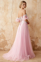 Julie Powder Pink Tulle 3D Flower Lace Maxi Dress