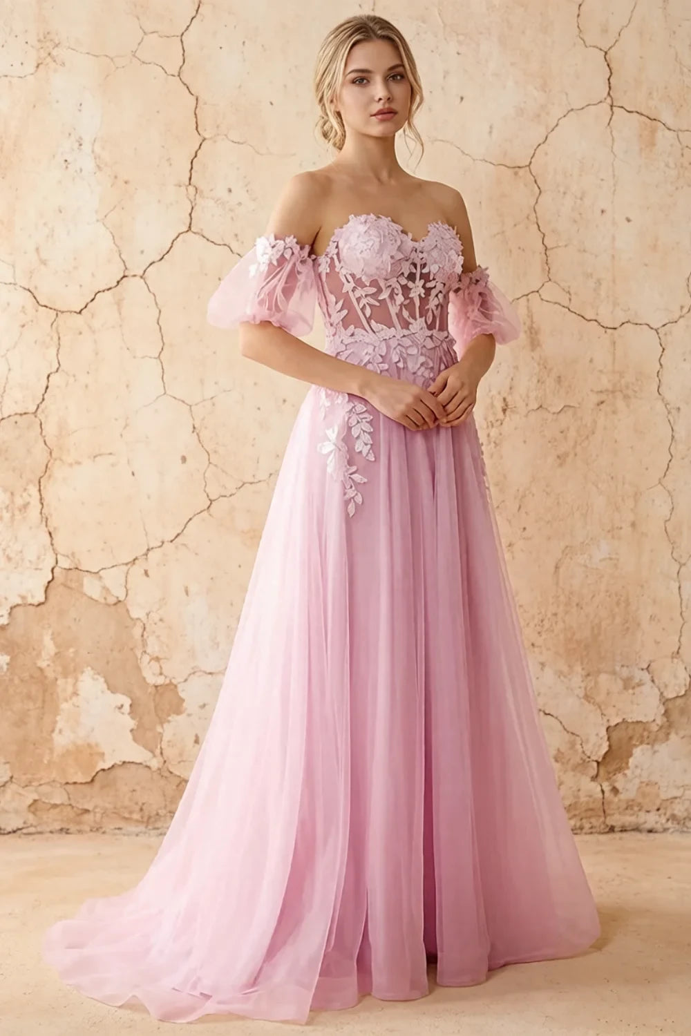 Julie Powder Pink Tulle 3D Flower Lace Maxi Dress