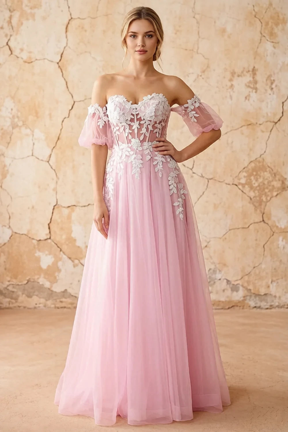 Julie Powder Pink Tulle 3D Flower Lace Maxi Dress