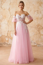 Julie Powder Pink Tulle 3D Flower Lace Maxi Dress