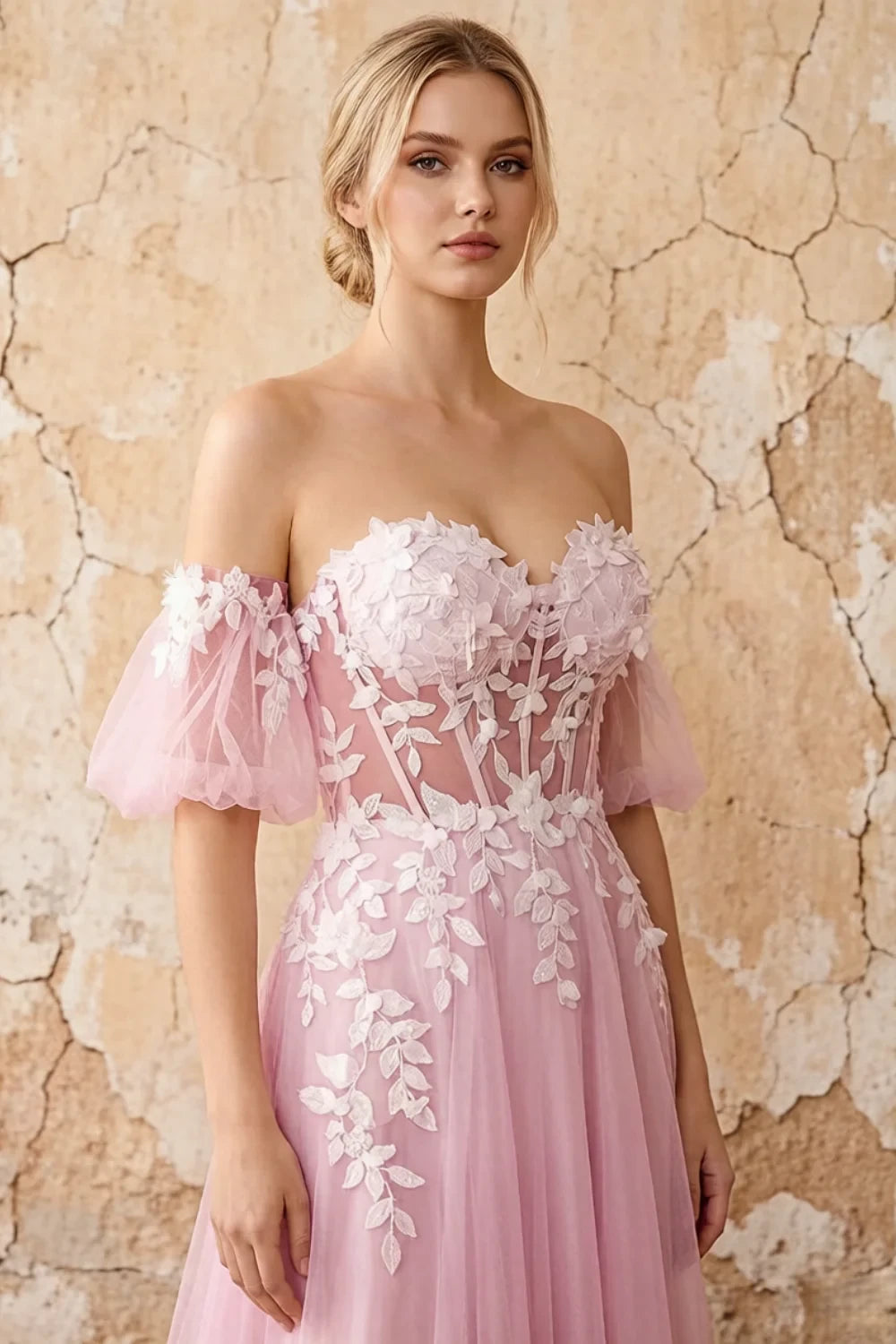 Julie Powder Pink Tulle 3D Flower Lace Maxi Dress