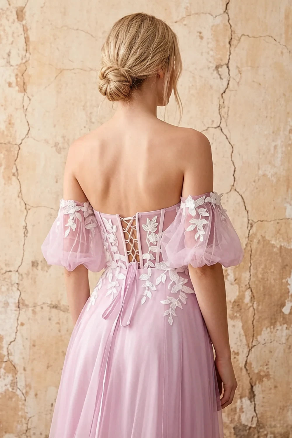 Julie Powder Pink Tulle 3D Flower Lace Maxi Dress
