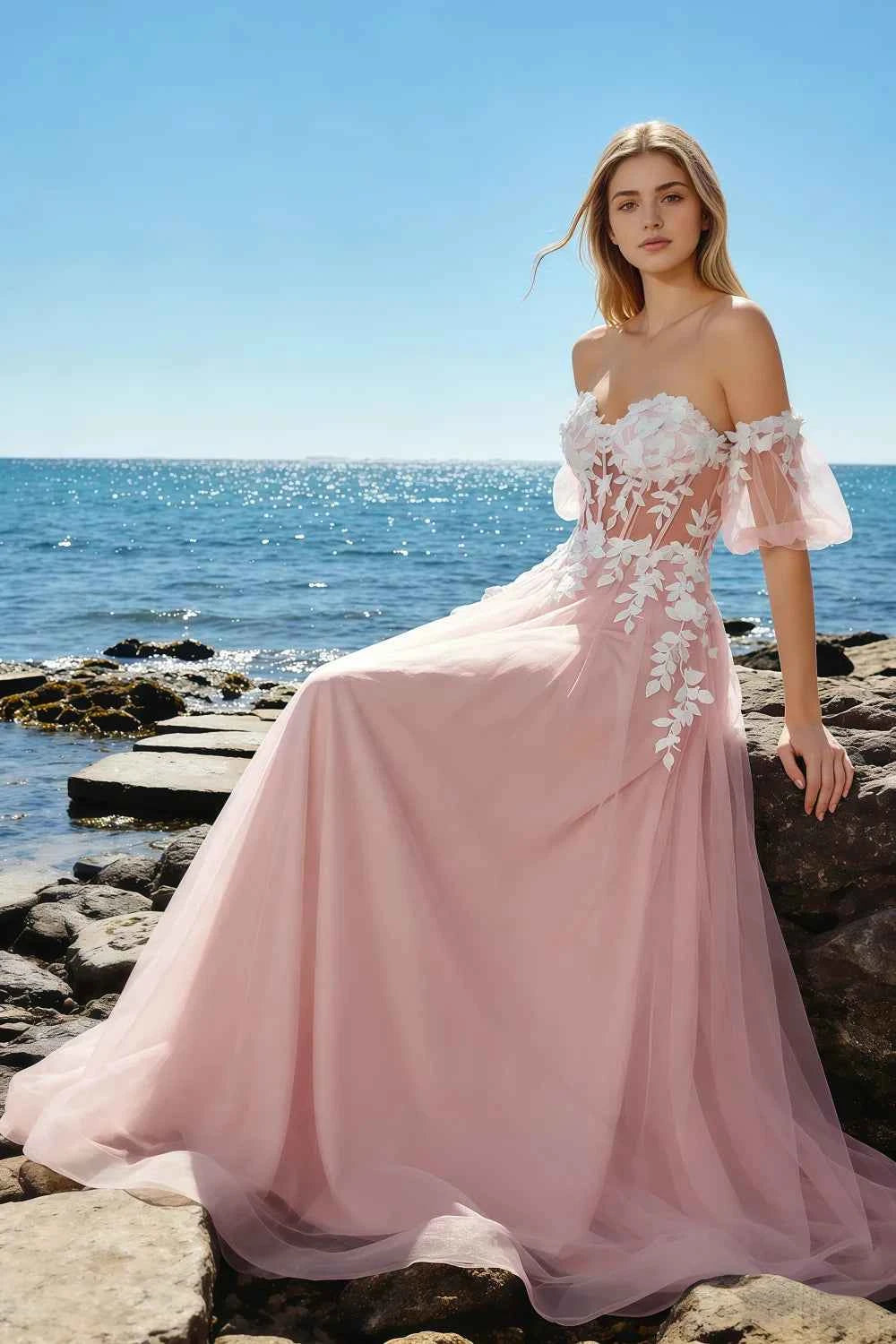 Julie Rosette Tulle 3D Flower Lace Maxi Dress