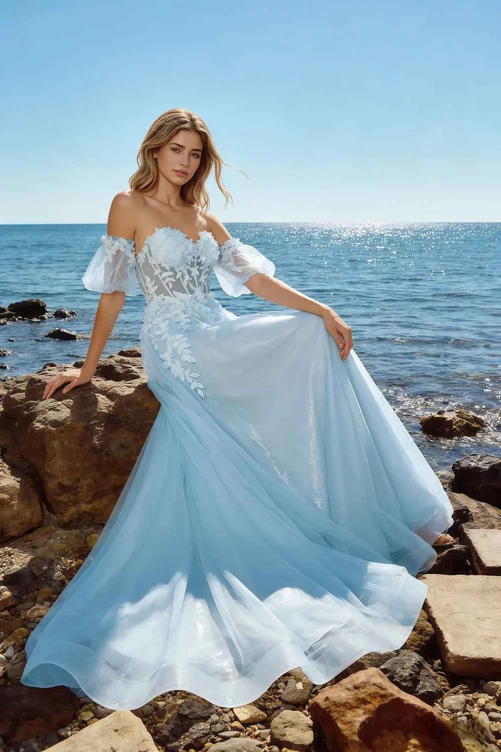 Julie Sky Blue Tulle 3D Flower Lace Maxi Dress