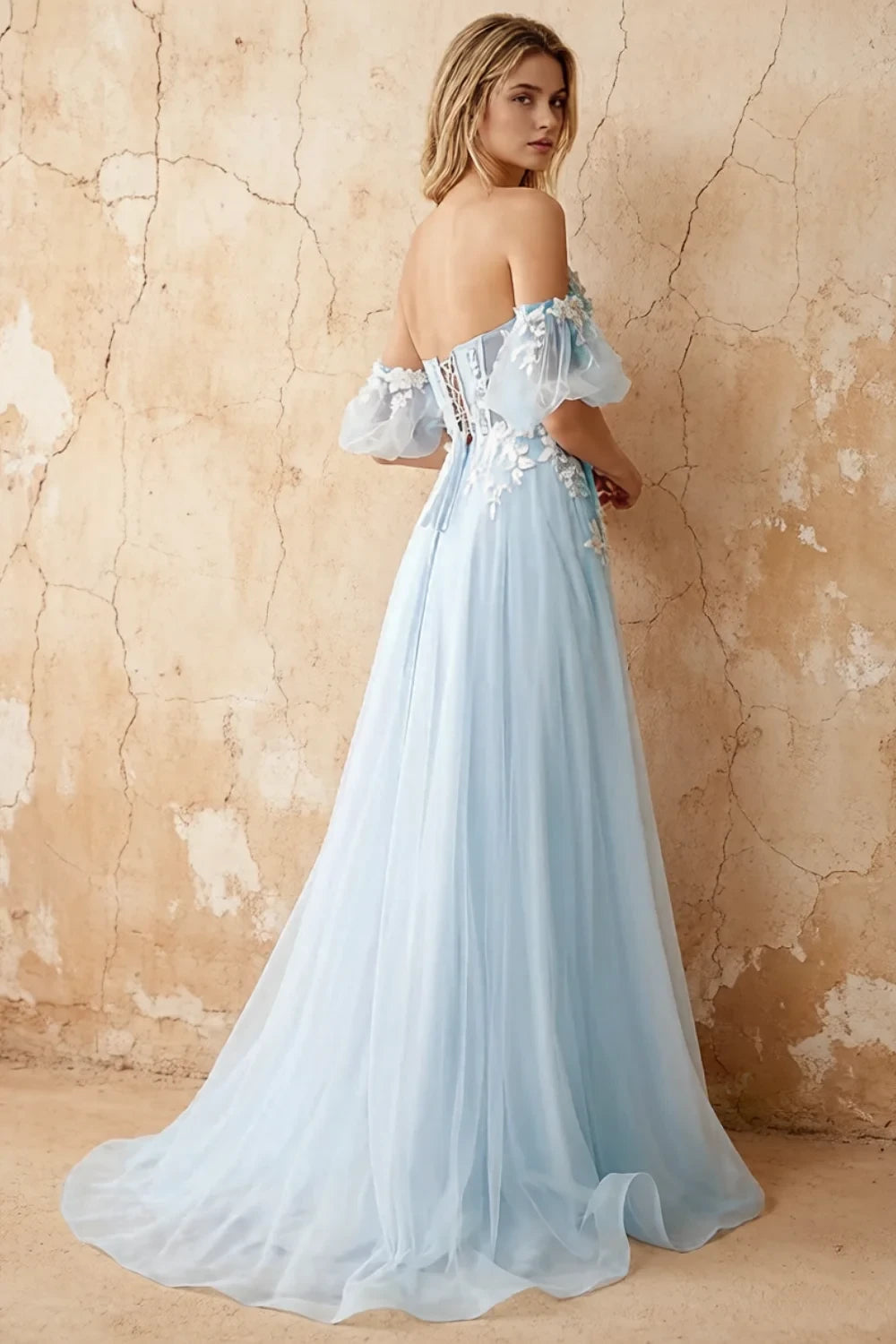 Julie Sky Blue Tulle 3D Flower Lace Maxi Dress