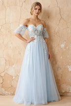 Julie Sky Blue Tulle 3D Flower Lace Maxi Dress