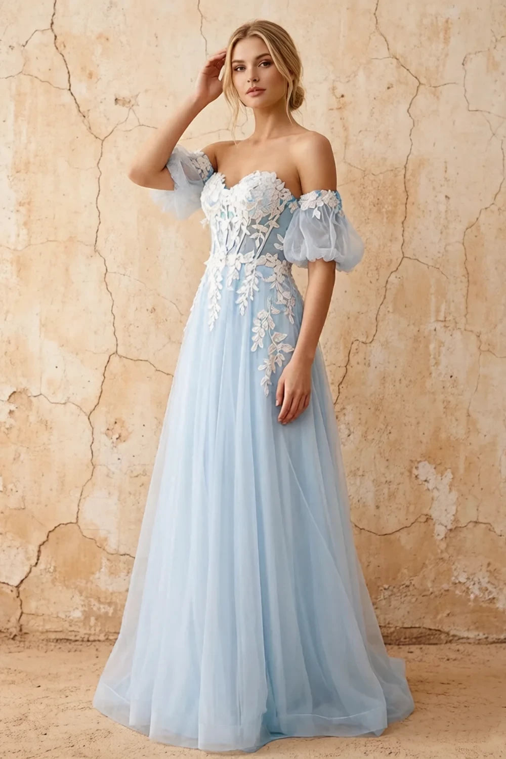 Julie Sky Blue Tulle 3D Flower Lace Maxi Dress