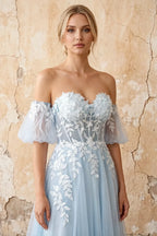Julie Sky Blue Tulle 3D Flower Lace Maxi Dress