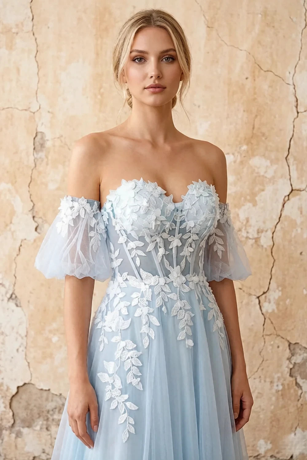 Julie Sky Blue Tulle 3D Flower Lace Maxi Dress