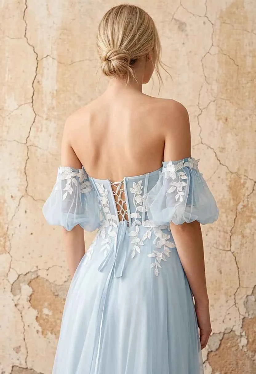 Julie Sky Blue Tulle 3D Flower Lace Maxi Dress