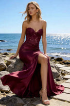 Juliet Burgundy Satin Sweetheart Neckline Maxi Dress